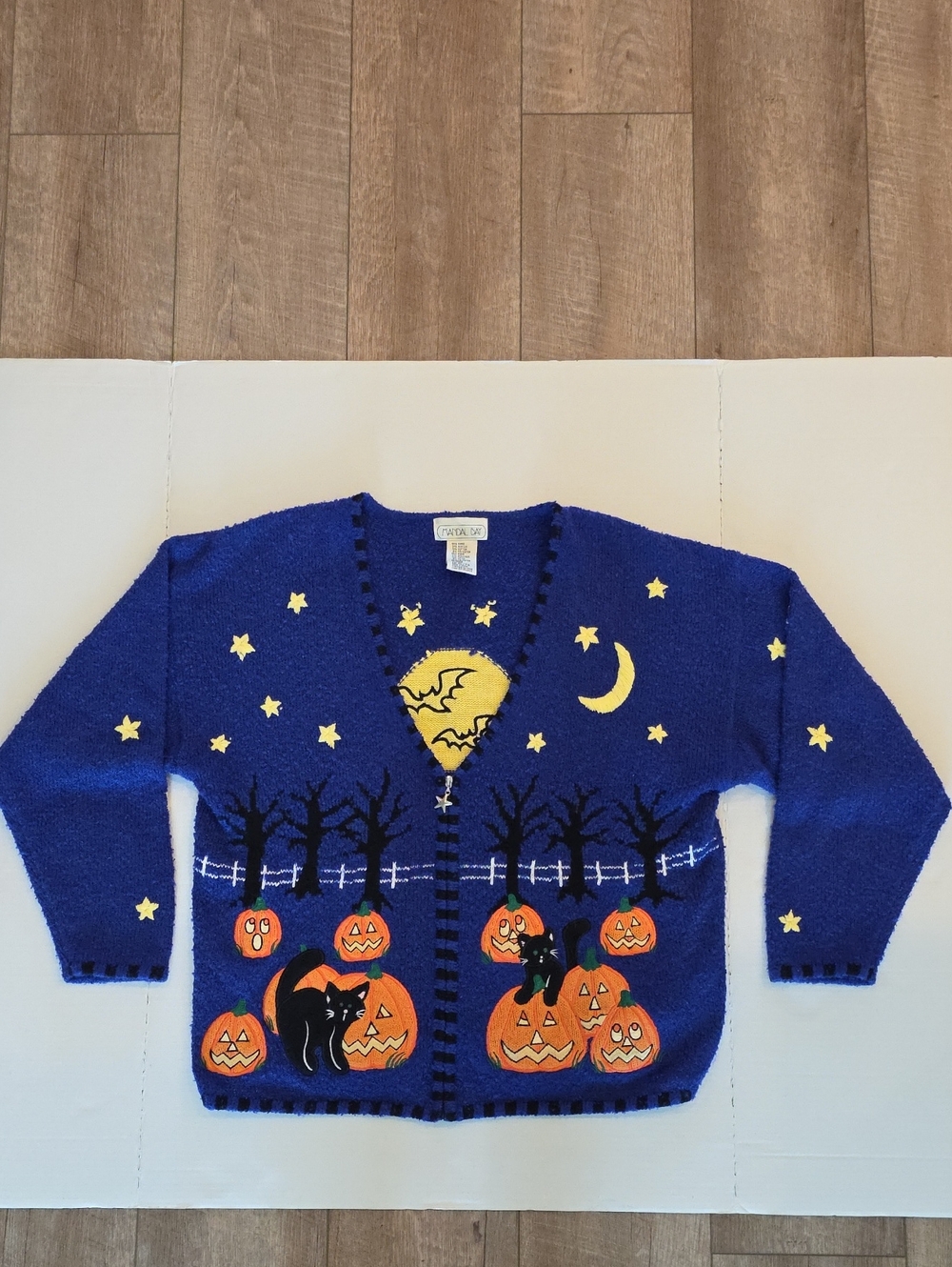 Mandal Bay Vintage 90s Halloween Zip Knit Cardigan Pumpkin Black Cat Bats XL - Picture 2 of 16